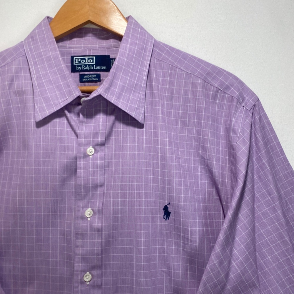 Polo Ralph Lauren Andrew Checkered Dress Shirt M L Purple 100 Cotton Long Sleeve